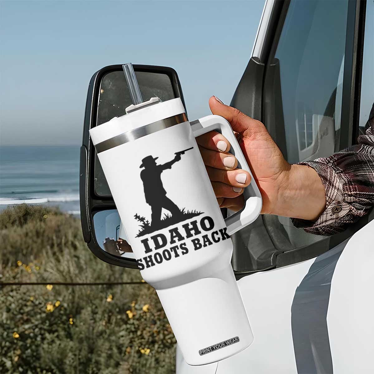 Idaho Shoots Back Minimalist Gunslinger Silhouette State Pride Graphic Tumbler With Handle TS02 Print Your Wear