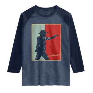Idaho Shoots Back Vintage Pop Art Poster Style Graphic Raglan Shirt TS02 Heather Denim Navy Print Your Wear