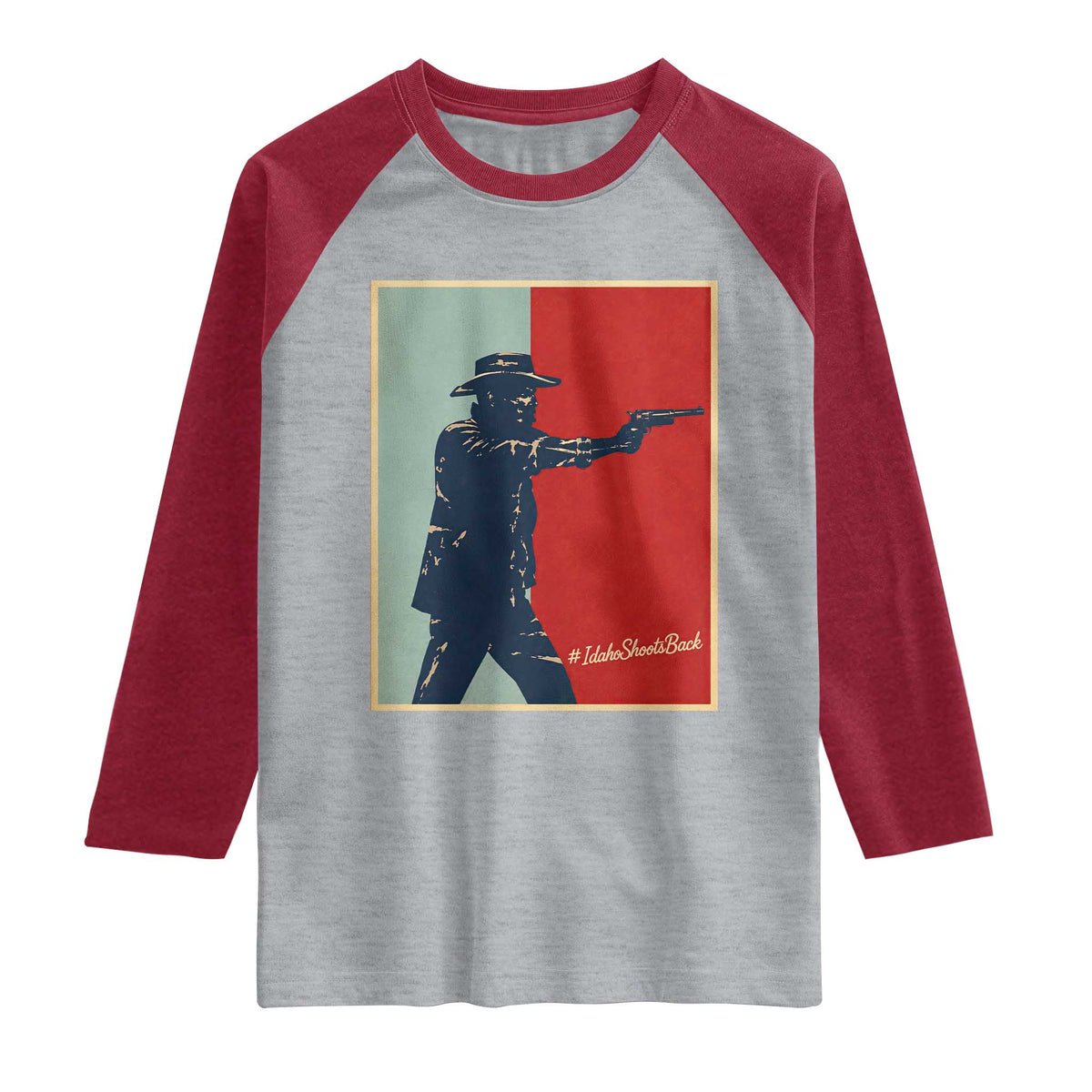 Idaho Shoots Back Vintage Pop Art Poster Style Graphic Raglan Shirt TS02 Heather Gray Heather Red Print Your Wear
