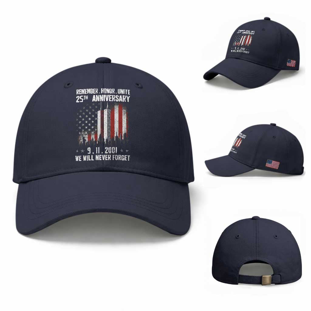 Remember Honor Unite 9 11 Memorial 25th Anniversary Baseball Cap We Will Never Forget Patriotic American Flag TS02 Baseball Cap Universal Fit Navy Print Your Wear