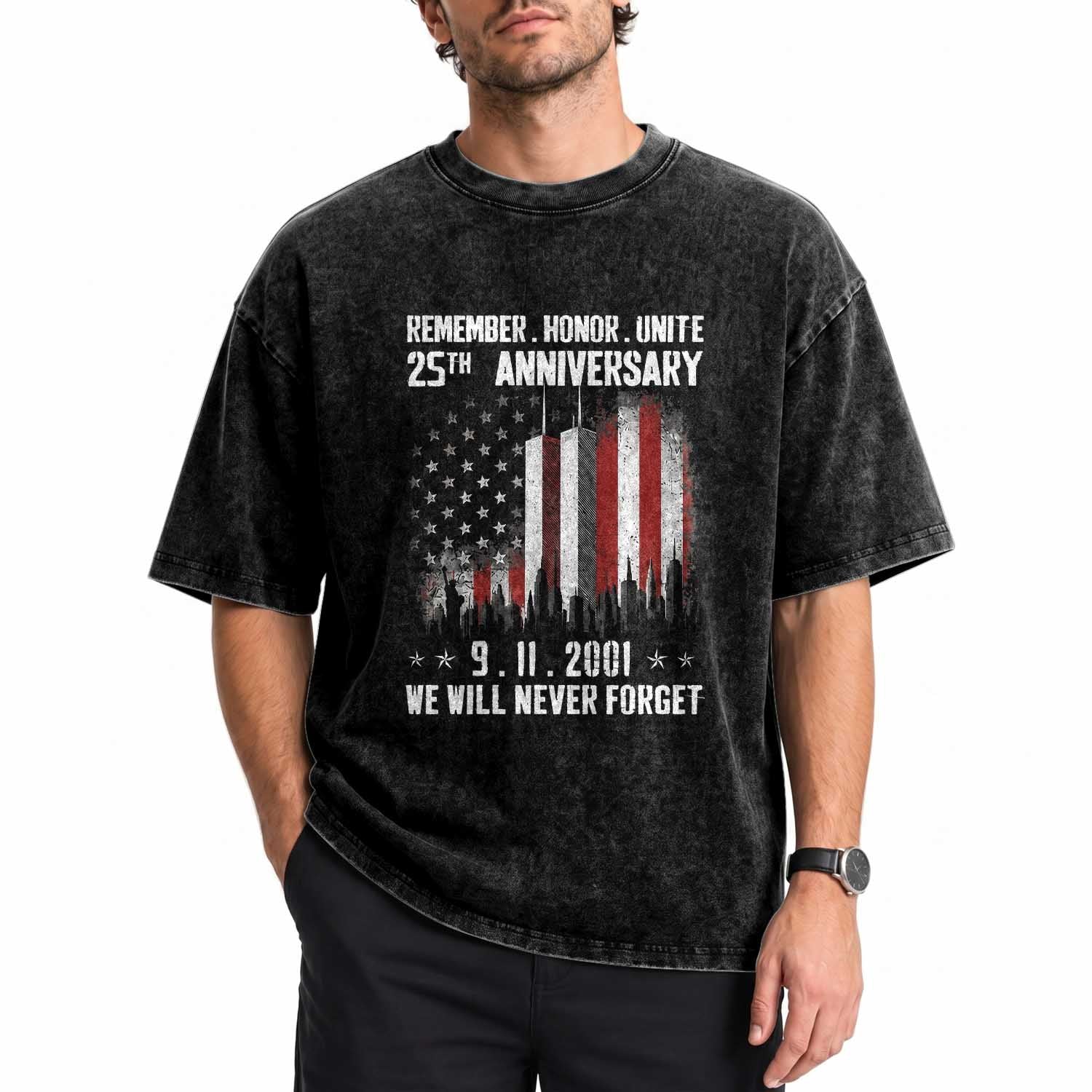 Remember Honor Unite 9 11 Memorial 25th Anniversary Washed Cotton T-Shirt We Will Never Forget Patriotic American Flag