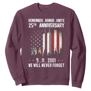 Remember Honor Unite 9 11 Memorial 25th Anniversary Sweatshirt We Will Never Forget Patriotic American Flag TS02 Maroon Print Your Wear