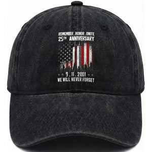 Remember Honor Unite 9 11 Memorial 25th Anniversary Washed Cotton Baseball Cap We Will Never Forget Patriotic American Flag TS02 Print Your Wear