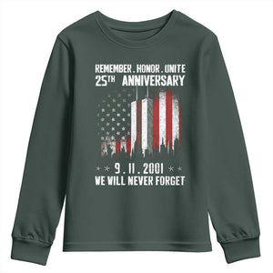 Remember Honor Unite 9 11 Memorial 25th Anniversary Youth Sweatshirt We Will Never Forget Patriotic American Flag TS02 Dark Forest Green Print Your Wear