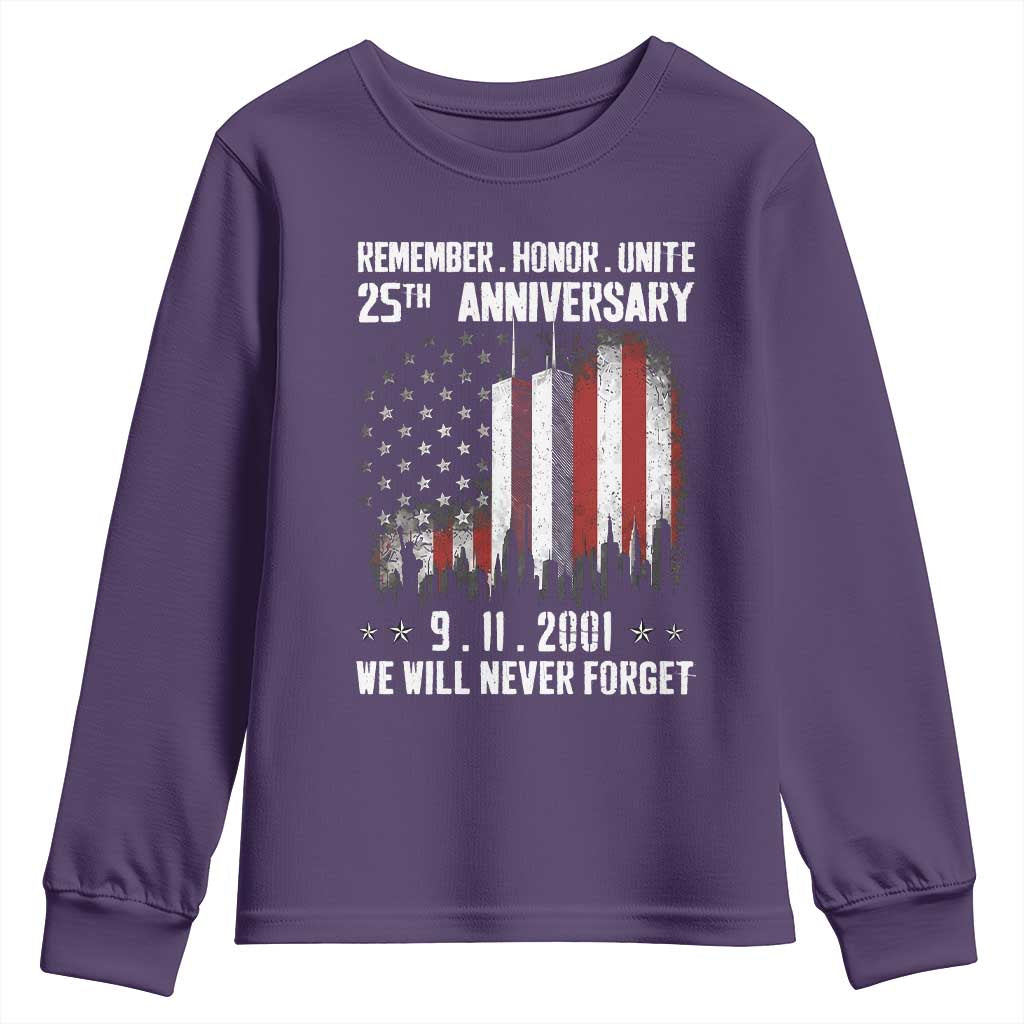 Remember Honor Unite 9 11 Memorial 25th Anniversary Youth Sweatshirt We Will Never Forget Patriotic American Flag TS02 Purple Print Your Wear