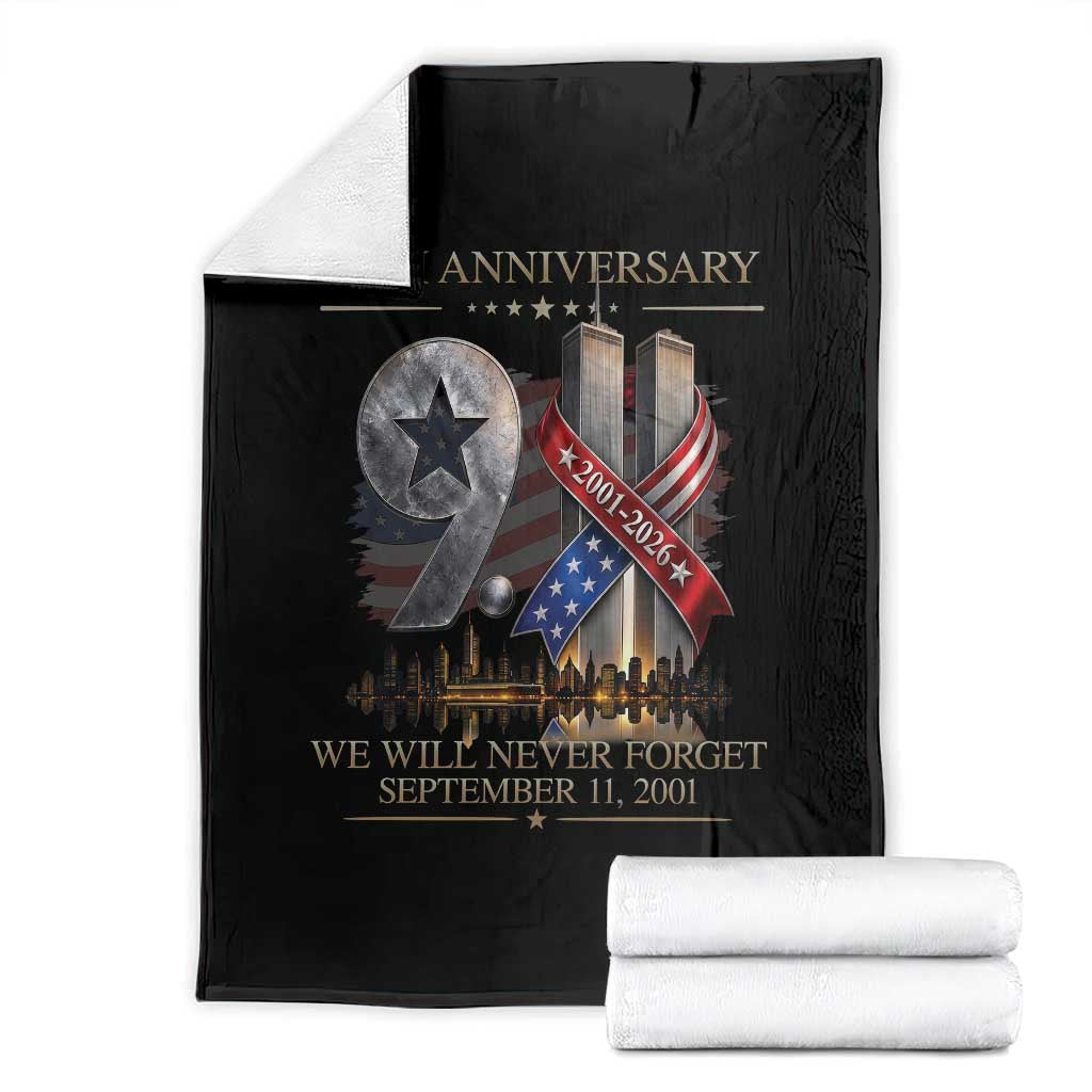 We Will Never Forget 9 11 Memorial 25th Anniversary Throw Blanket Patriotic American Flag Ribbon