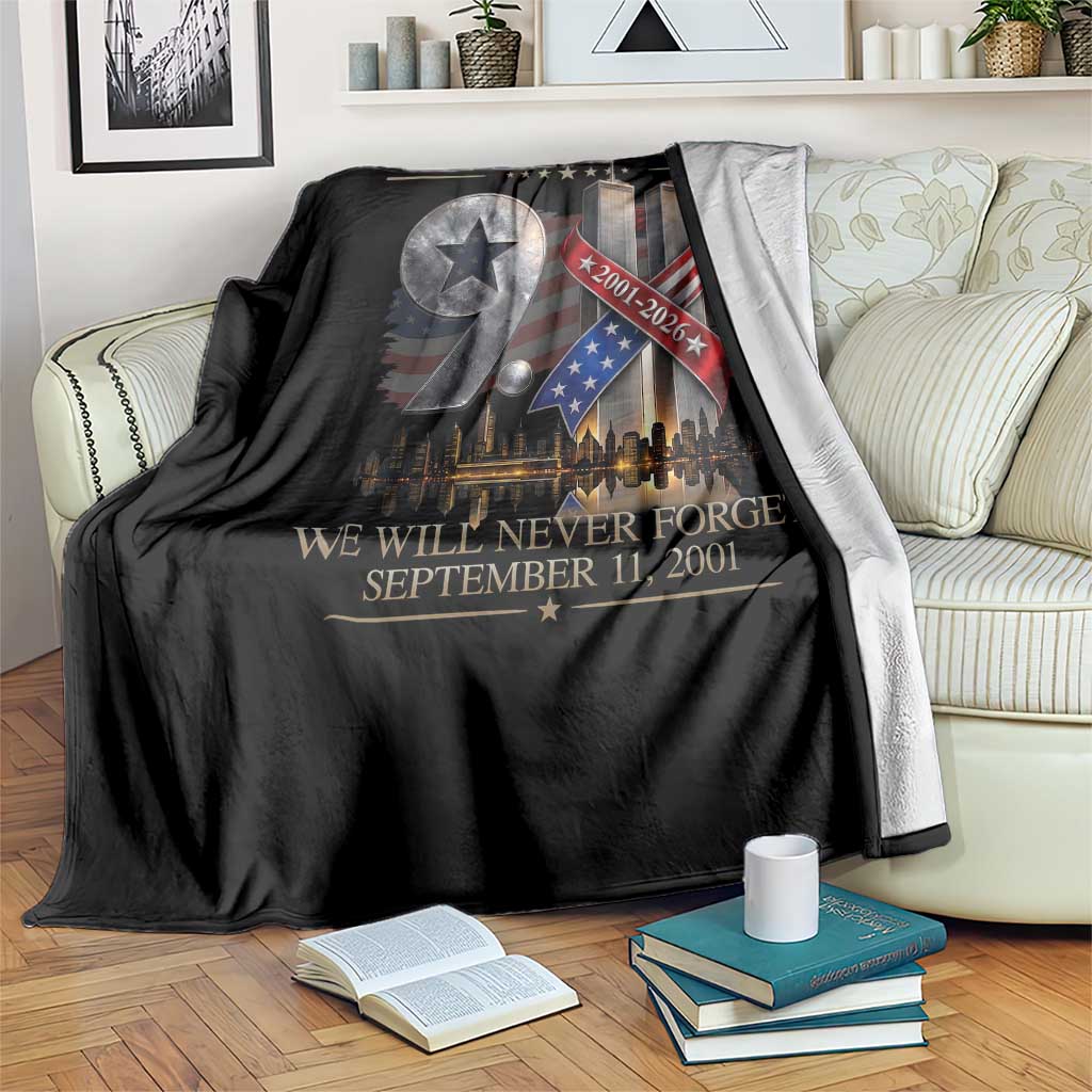 We Will Never Forget 9 11 Memorial 25th Anniversary Throw Blanket Patriotic American Flag Ribbon
