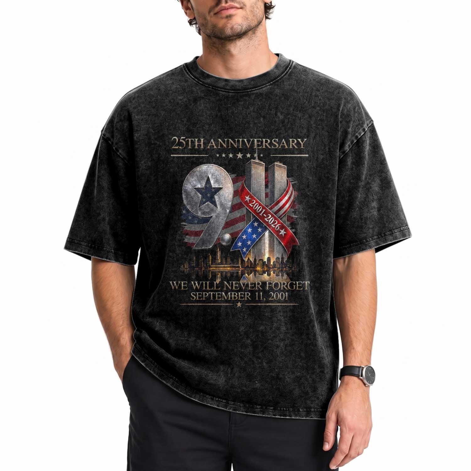 We Will Never Forget 9 11 Memorial 25th Anniversary Washed Cotton T-Shirt Patriotic American Flag Ribbon