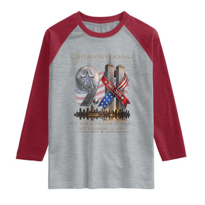 We Will Never Forget 9 11 Memorial 25th Anniversary Raglan Shirt Patriotic American Flag Ribbon TS02 Heather Gray Heather Red Print Your Wear