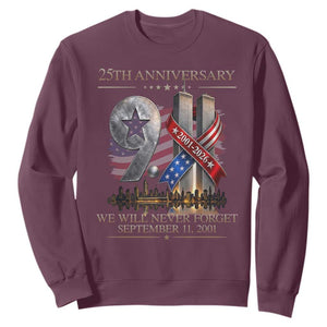 We Will Never Forget 9 11 Memorial 25th Anniversary Sweatshirt Patriotic American Flag Ribbon TS02 Maroon Print Your Wear
