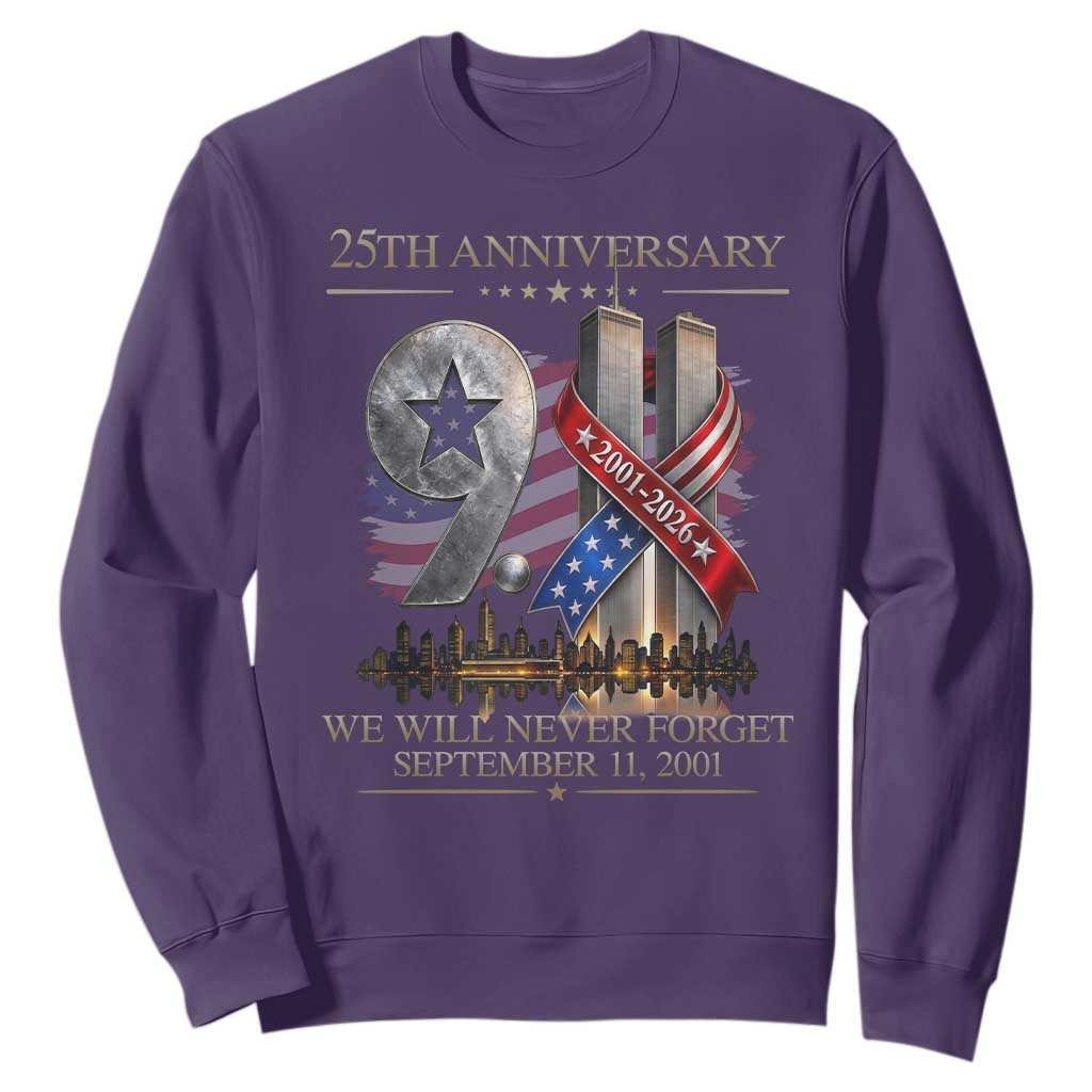 We Will Never Forget 9 11 Memorial 25th Anniversary Sweatshirt Patriotic American Flag Ribbon TS02 Purple Print Your Wear