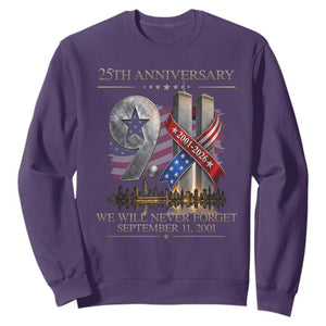 We Will Never Forget 9 11 Memorial 25th Anniversary Sweatshirt Patriotic American Flag Ribbon TS02 Purple Print Your Wear