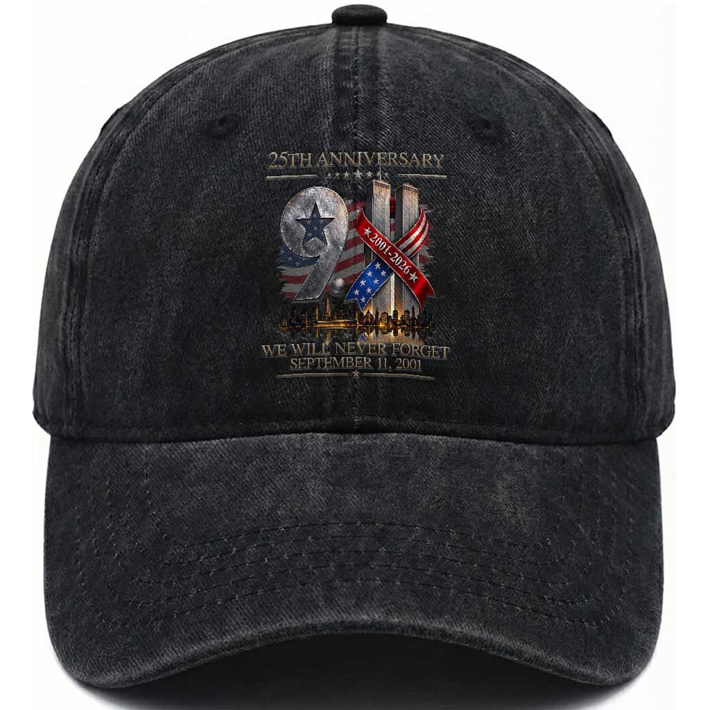 We Will Never Forget 9 11 Memorial 25th Anniversary Washed Cotton Baseball Cap Patriotic American Flag Ribbon TS02 Print Your Wear