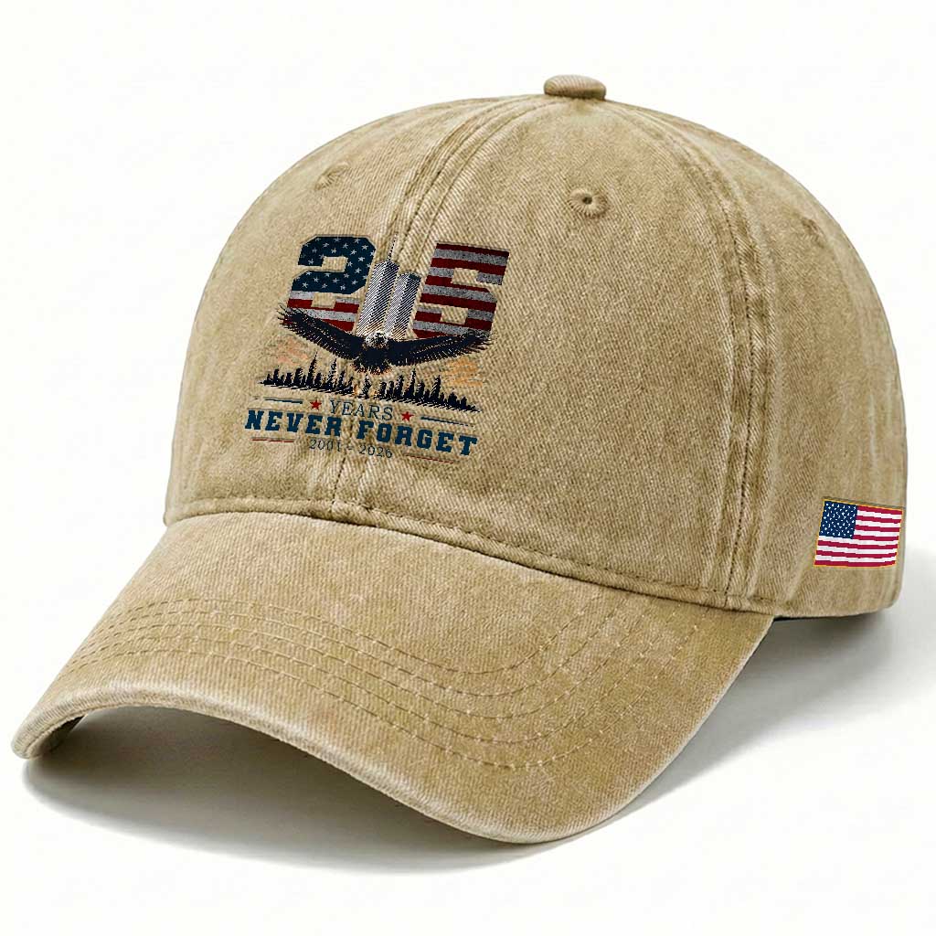 Patriotic Soaring Bald Eagle 9 11 Memorial 25th Anniversary Washed Cotton Baseball Cap 25 Years 2021 2026 Never Forget TS02 Print Your Wear