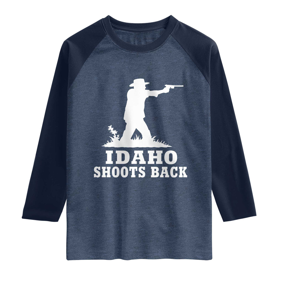 Idaho Shoots Back Cowboy Gunslinger Silhouette Patriotic Graphic Raglan Shirt TS02 Heather Denim Navy Print Your Wear