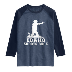 Idaho Shoots Back Cowboy Gunslinger Silhouette Patriotic Graphic Raglan Shirt TS02 Heather Denim Navy Print Your Wear