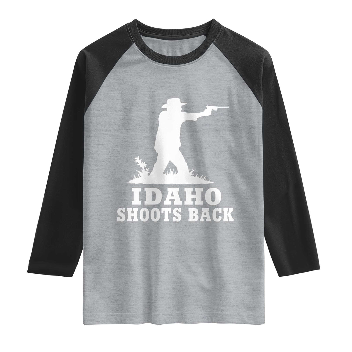 Idaho Shoots Back Cowboy Gunslinger Silhouette Patriotic Graphic Raglan Shirt TS02 Heather Gray Black Print Your Wear