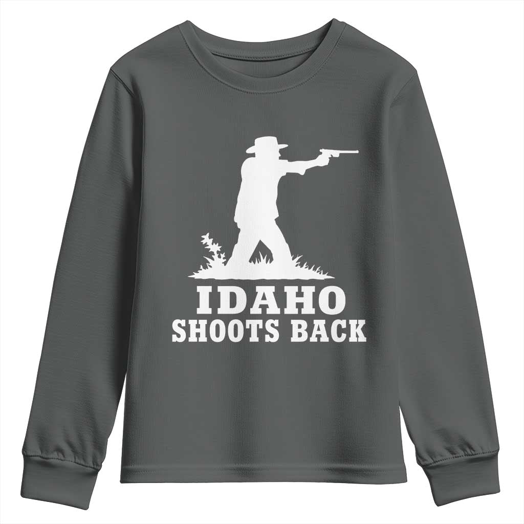 Idaho Shoots Back Cowboy Gunslinger Silhouette Patriotic Graphic Youth Sweatshirt TS02 Dark Heather Print Your Wear