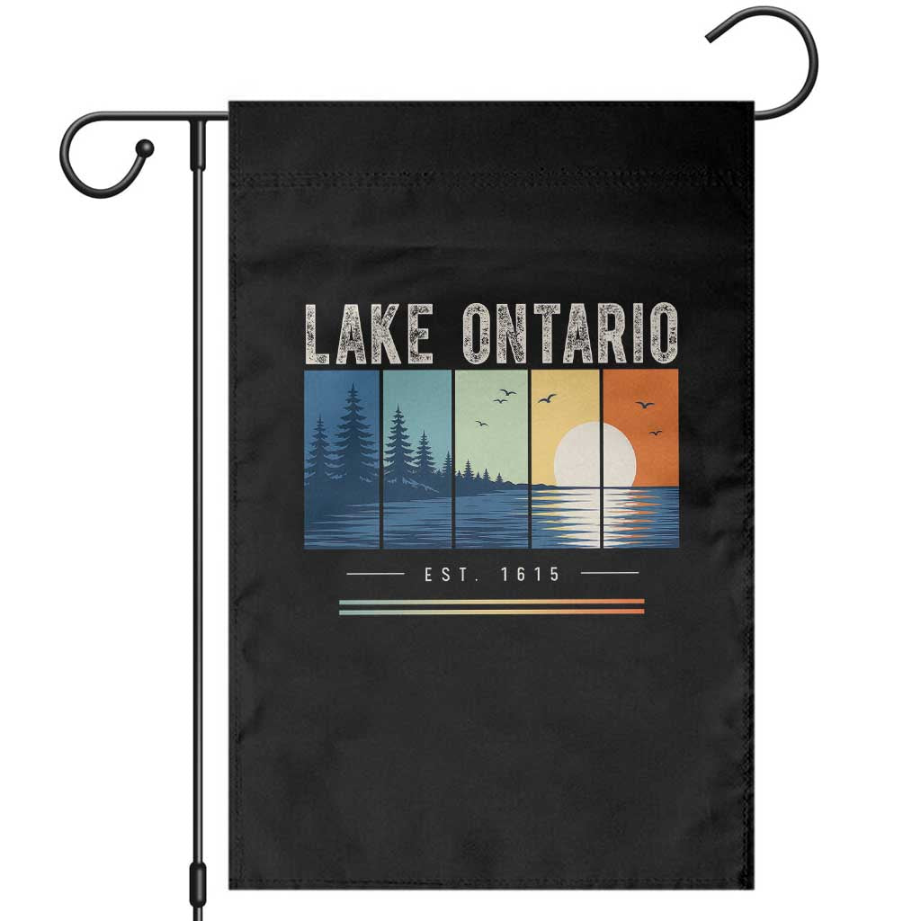 Vintage Lake Ontario Est 1615 Retro Striped Sunset Garden Flag Scenic Great Lakes Outdoor Vacation