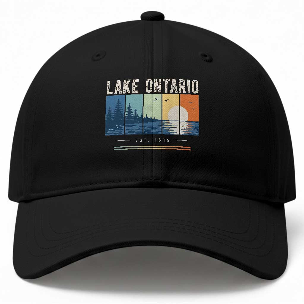 Vintage Lake Ontario Est 1615 Retro Striped Sunset Baseball Cap Scenic Great Lakes Outdoor Vacation