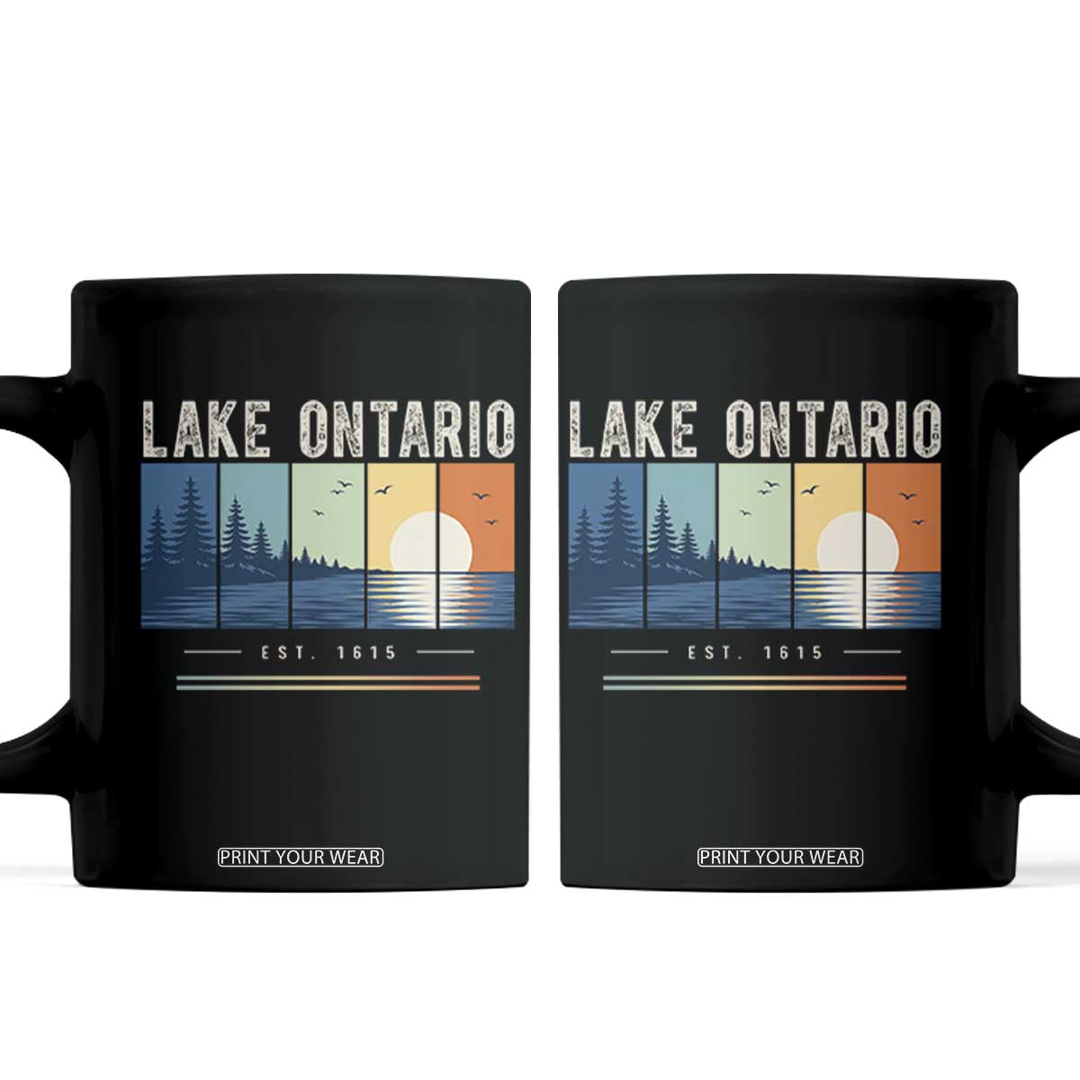 Vintage Lake Ontario Est 1615 Retro Striped Sunset Coffee Mug Scenic Great Lakes Outdoor Vacation