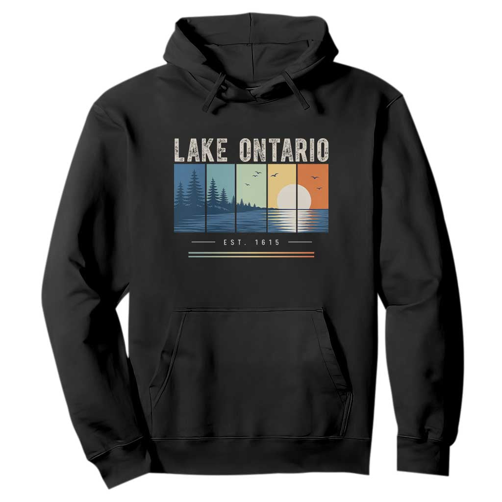 Vintage Lake Ontario Est 1615 Retro Striped Sunset Hoodie Scenic Great Lakes Outdoor Vacation