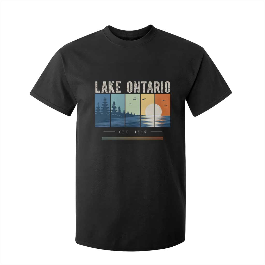 Vintage Lake Ontario Est 1615 Retro Striped Sunset T Shirt For Kid Scenic Great Lakes Outdoor Vacation