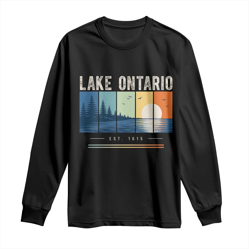 Vintage Lake Ontario Est 1615 Retro Striped Sunset Long Sleeve Shirt Scenic Great Lakes Outdoor Vacation