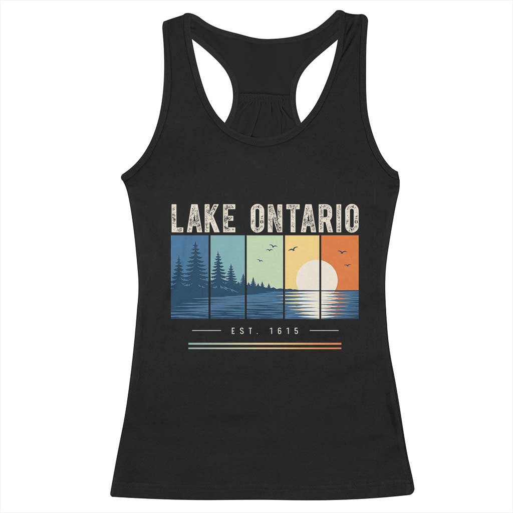 Vintage Lake Ontario Est 1615 Retro Striped Sunset Racerback Tank Top Scenic Great Lakes Outdoor Vacation