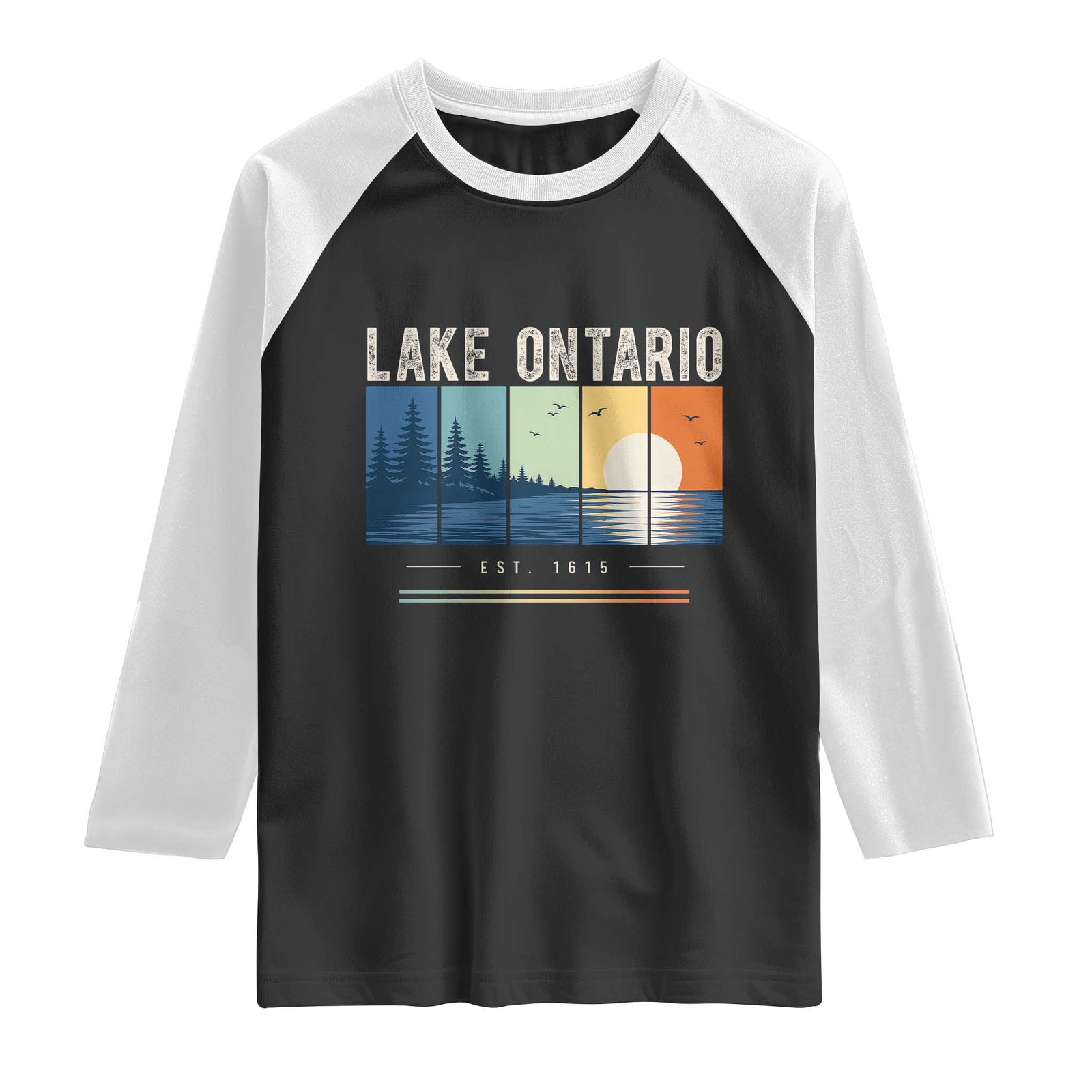 Vintage Lake Ontario Est 1615 Retro Striped Sunset Raglan Shirt Scenic Great Lakes Outdoor Vacation
