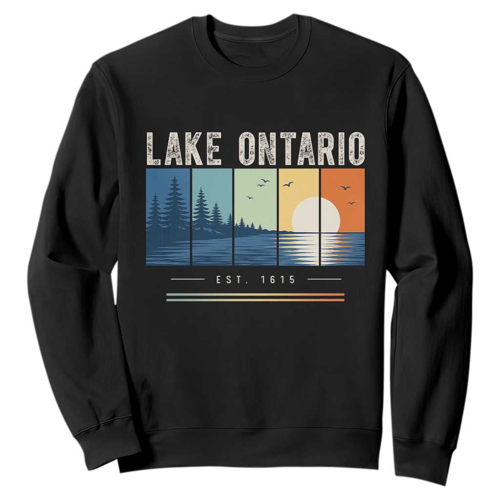 Vintage Lake Ontario Est 1615 Retro Striped Sunset Sweatshirt Scenic Great Lakes Outdoor Vacation