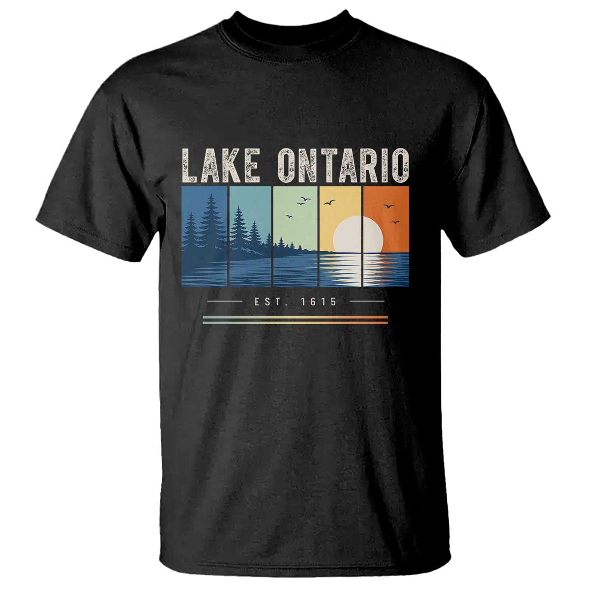 Vintage Lake Ontario Est 1615 Retro Striped Sunset T Shirt Scenic Great Lakes Outdoor Vacation
