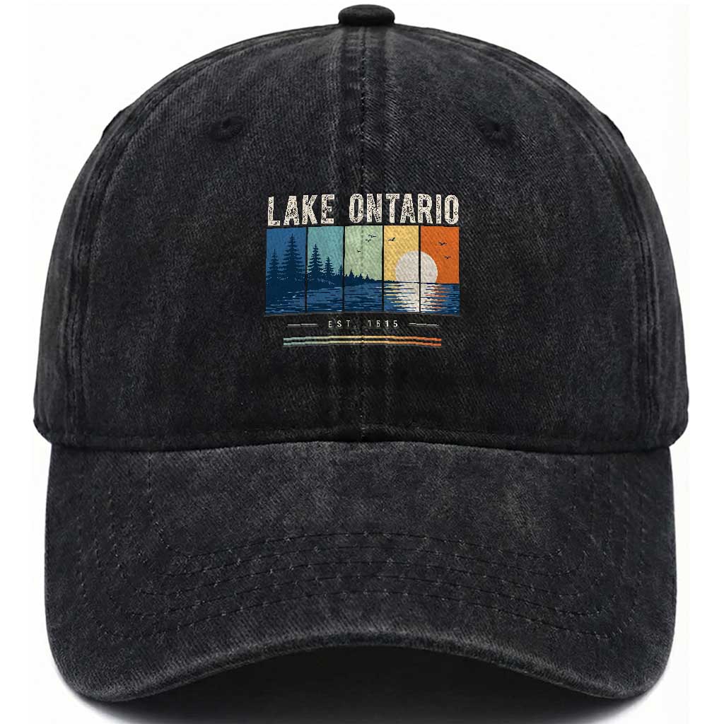 Vintage Lake Ontario Est 1615 Retro Striped Sunset Washed Cotton Baseball Cap Scenic Great Lakes Outdoor Vacation