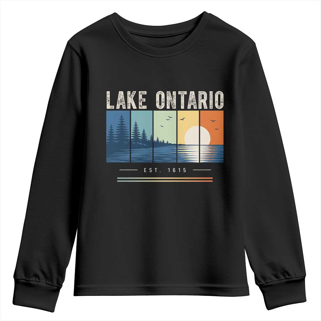 Vintage Lake Ontario Est 1615 Retro Striped Sunset Youth Sweatshirt Scenic Great Lakes Outdoor Vacation