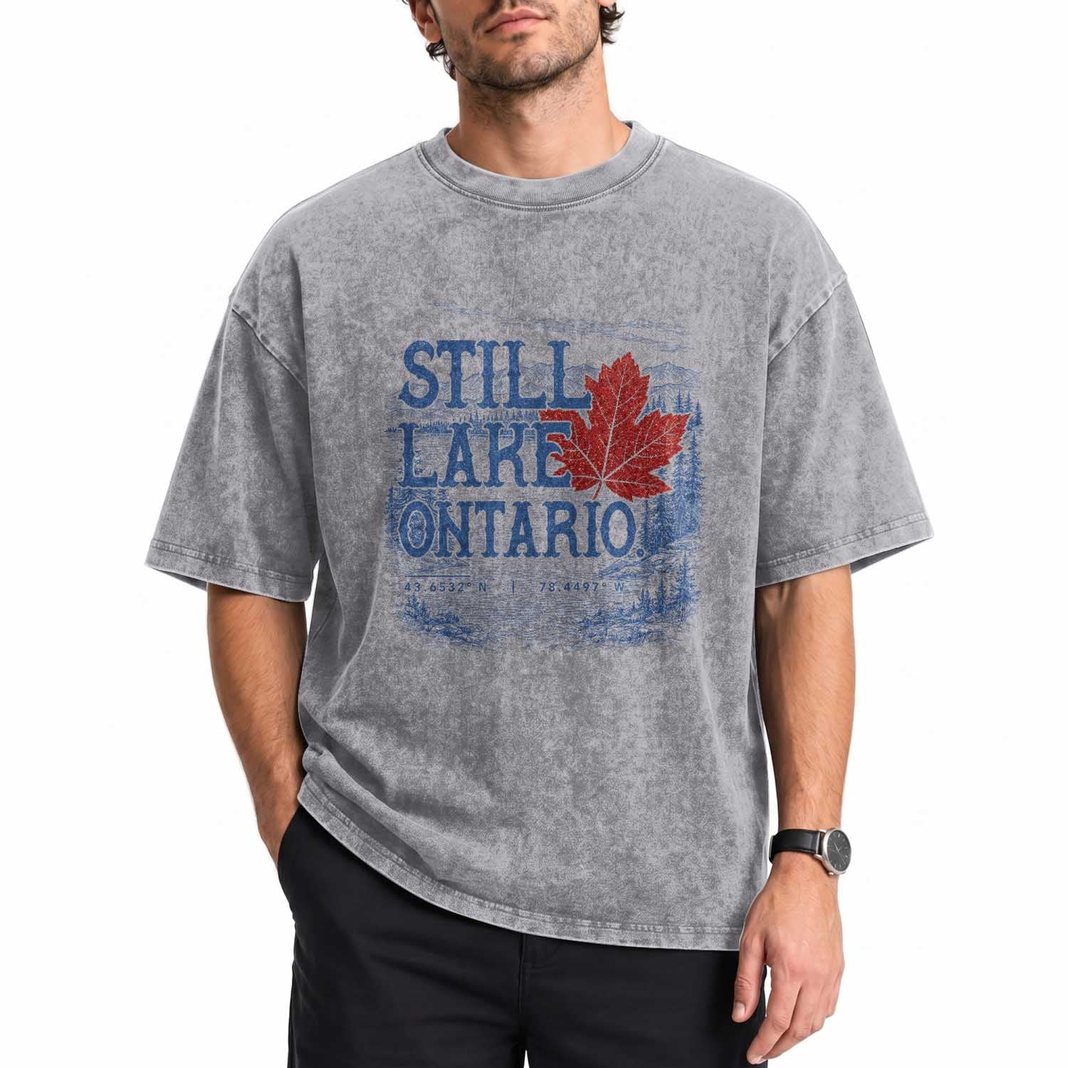 Still Lake Ontario Map Coordinates Washed Cotton T-Shirt Vintage Maple Leaf Scenic Outdoor Great Lakes