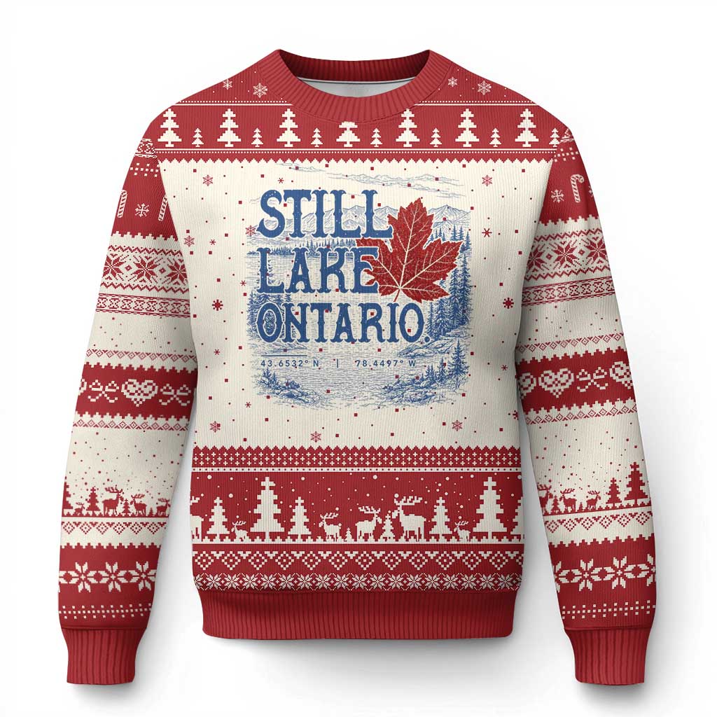 Still Lake Ontario Map Coordinates Ugly Christmas Sweater Vintage Maple Leaf Scenic Outdoor Great Lakes