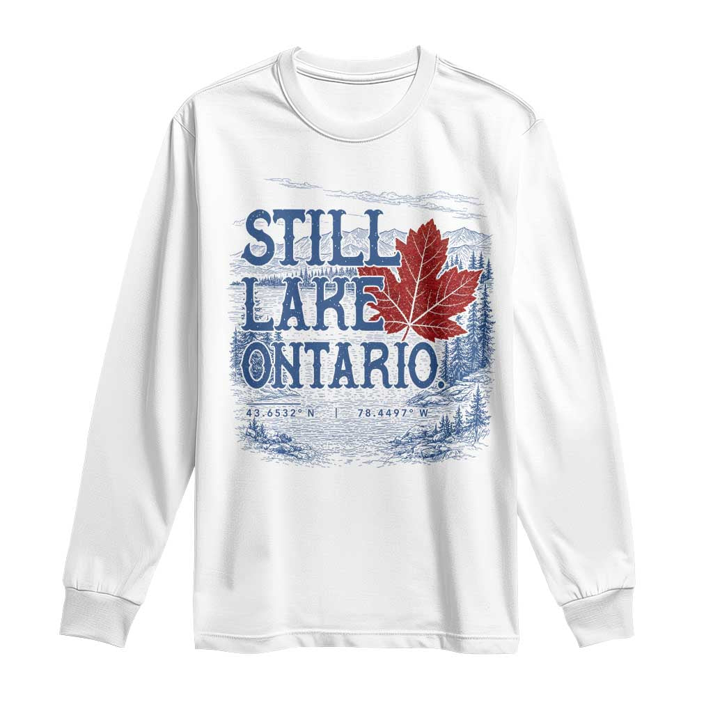 Still Lake Ontario Map Coordinates Long Sleeve Shirt Vintage Maple Leaf Scenic Outdoor Great Lakes
