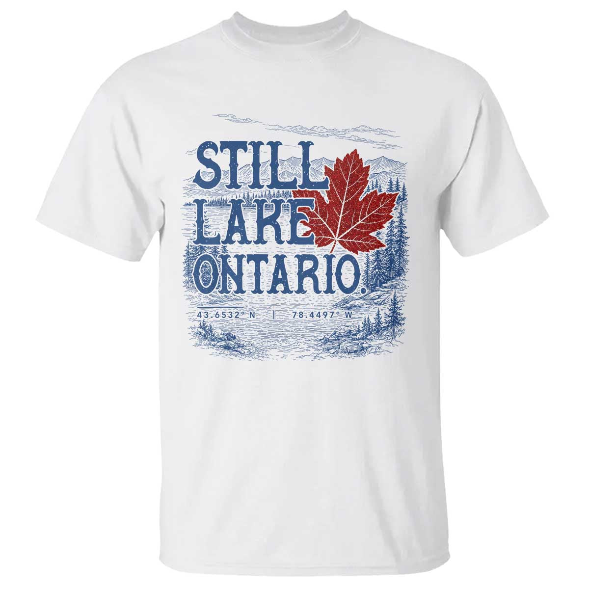 Still Lake Ontario Map Coordinates T Shirt Vintage Maple Leaf Scenic Outdoor Great Lakes