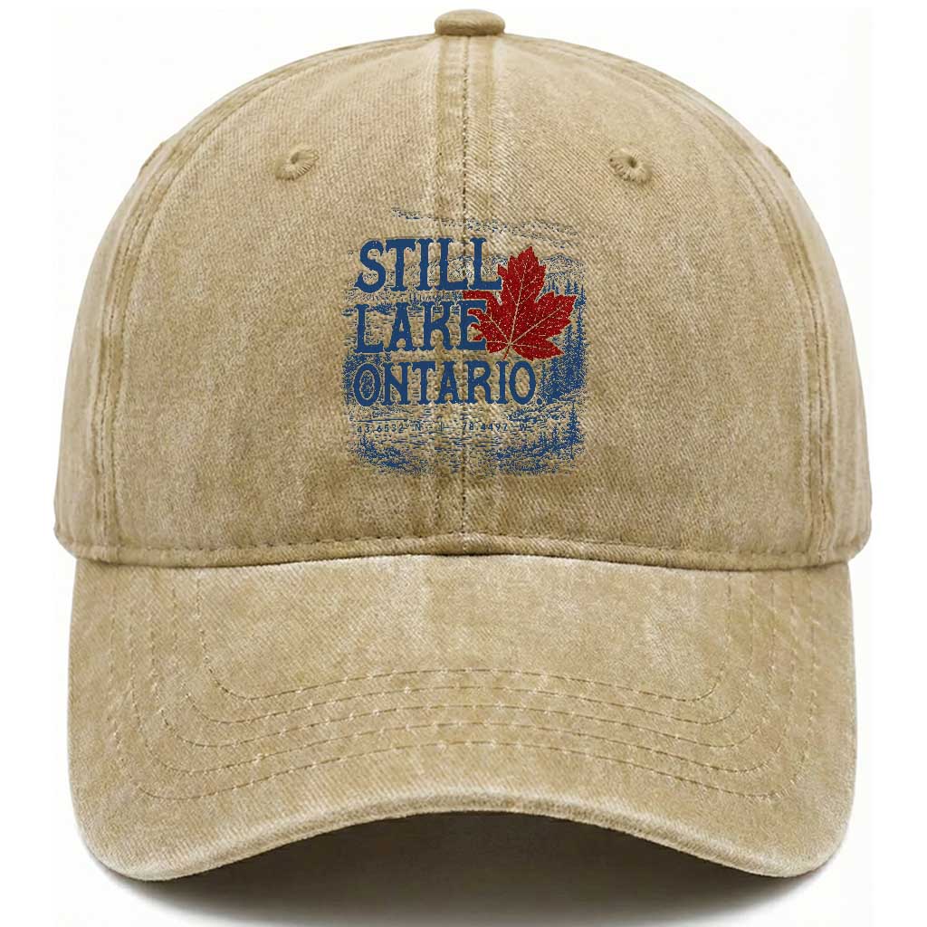 Still Lake Ontario Map Coordinates Washed Cotton Baseball Cap Vintage Maple Leaf Scenic Outdoor Great Lakes