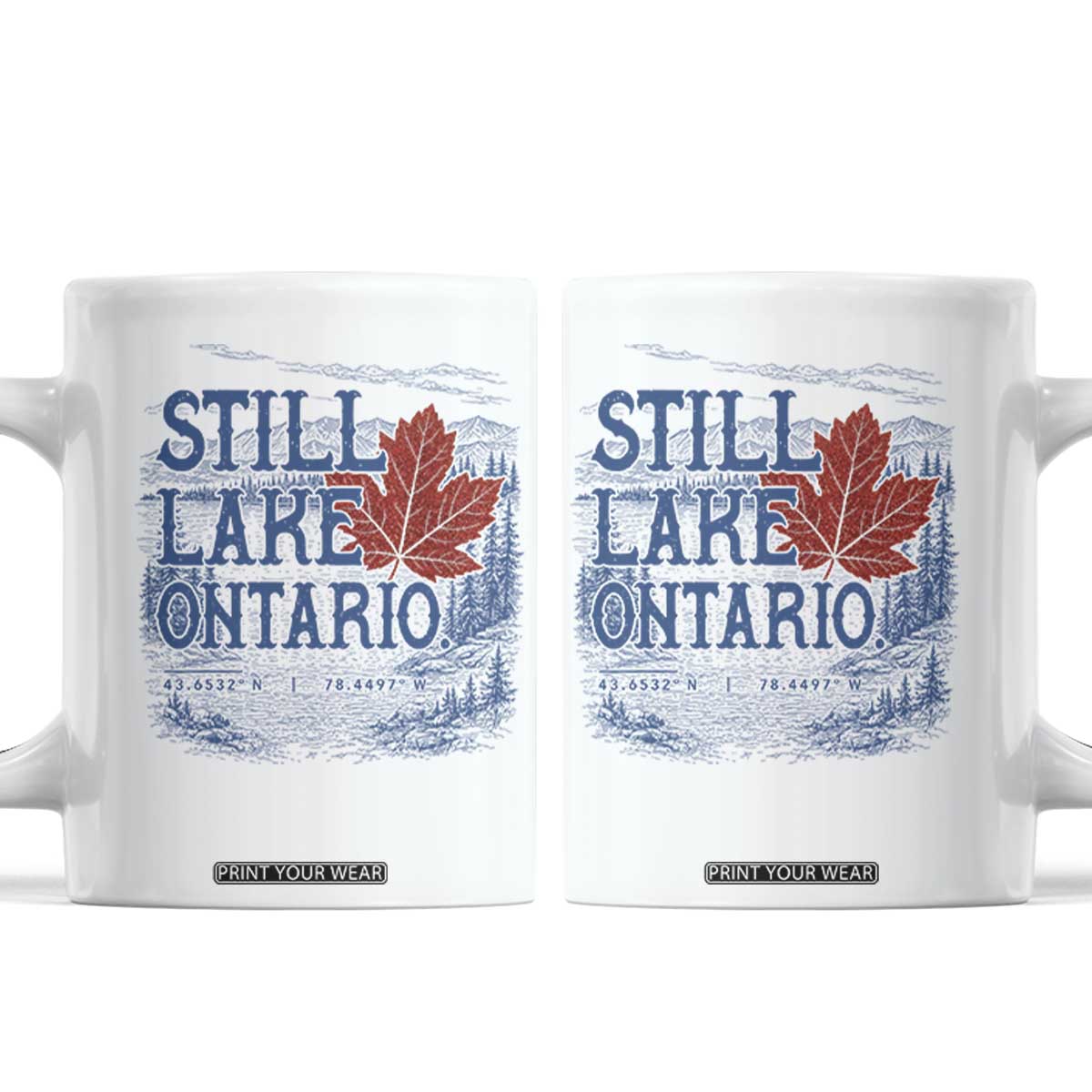 Still Lake Ontario Map Coordinates Coffee Mug Vintage Maple Leaf Scenic Outdoor Great Lakes