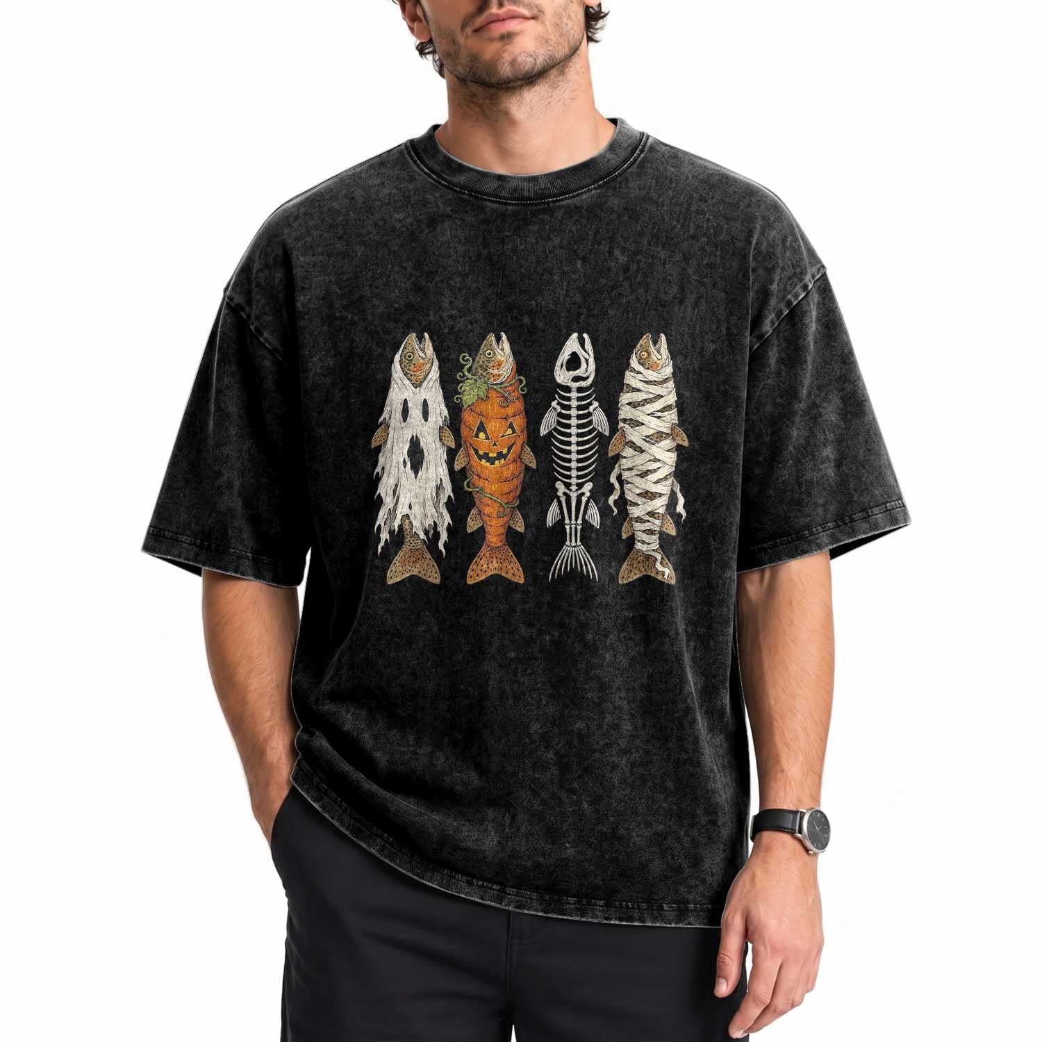 Vintage Fish Ghost Skeleton Pumpkin Mummy Angler Graphic Washed Cotton T-Shirt Funny Spooky Fisherman Fishing Halloween Costume