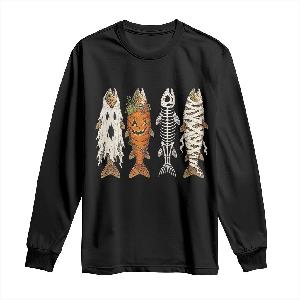 Vintage Fish Ghost Skeleton Pumpkin Mummy Angler Graphic Long Sleeve Shirt Funny Spooky Fisherman Fishing Halloween Costume