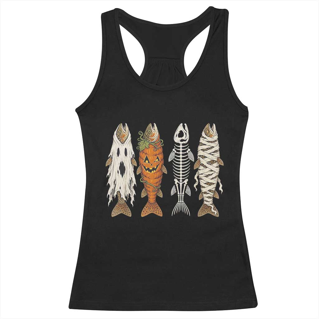 Vintage Fish Ghost Skeleton Pumpkin Mummy Angler Graphic Racerback Tank Top Funny Spooky Fisherman Fishing Halloween Costume