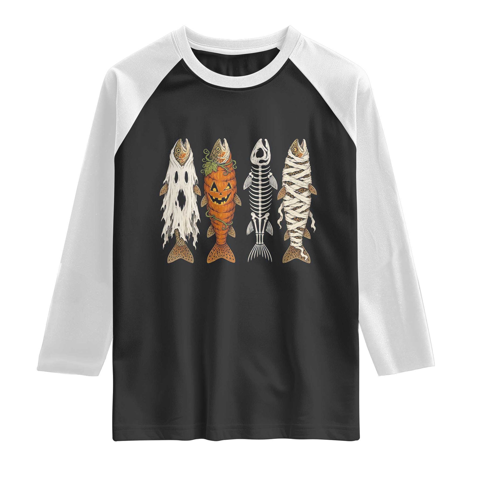 Vintage Fish Ghost Skeleton Pumpkin Mummy Angler Graphic Raglan Shirt Funny Spooky Fisherman Fishing Halloween Costume