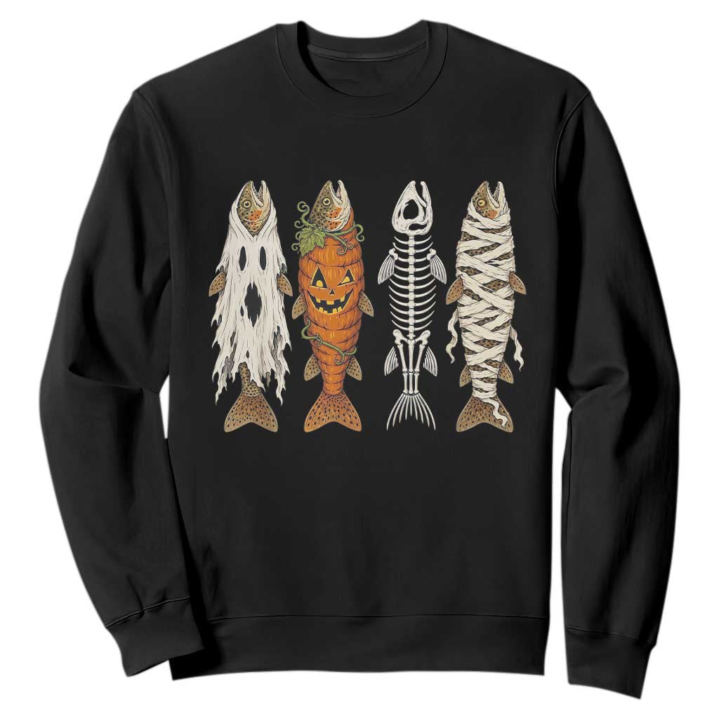 Vintage Fish Ghost Skeleton Pumpkin Mummy Angler Graphic Sweatshirt Funny Spooky Fisherman Fishing Halloween Costume