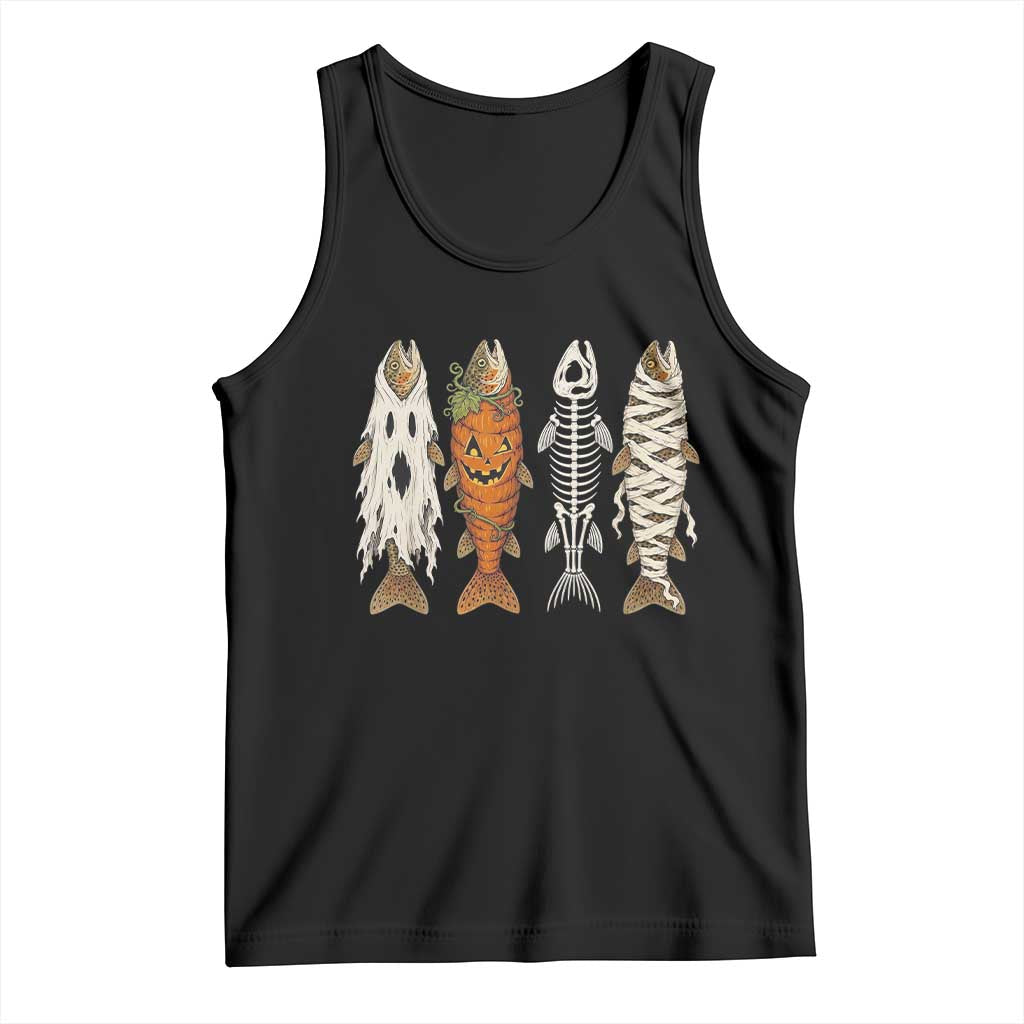 Vintage Fish Ghost Skeleton Pumpkin Mummy Angler Graphic Tank Top Funny Spooky Fisherman Fishing Halloween Costume
