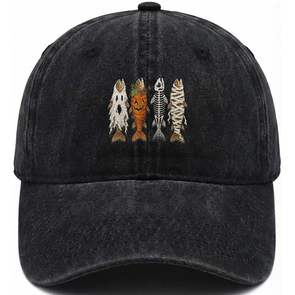 Vintage Fish Ghost Skeleton Pumpkin Mummy Angler Graphic Washed Cotton Baseball Cap Funny Spooky Fisherman Fishing Halloween Costume