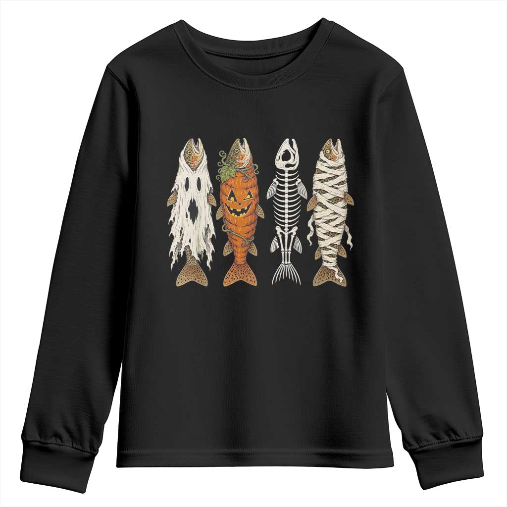 Vintage Fish Ghost Skeleton Pumpkin Mummy Angler Graphic Youth Sweatshirt Funny Spooky Fisherman Fishing Halloween Costume