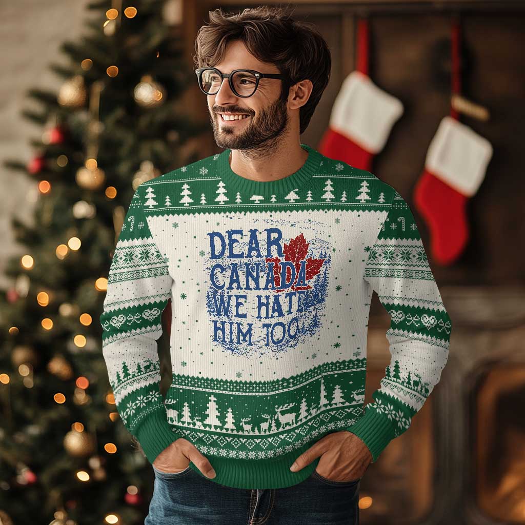 Dear Canada We Hate Him Too Subtle Satire Ugly Christmas Sweater Vintage Maple Leaf Scenic Outdoor Great Lakes