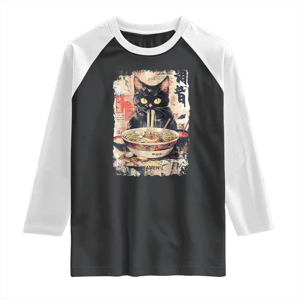 Ramen Noodles Black Cat Graphic Raglan Shirt Kawaii Retro Japan Y2K Cats Manga Anime TS02 Black White Print Your Wear